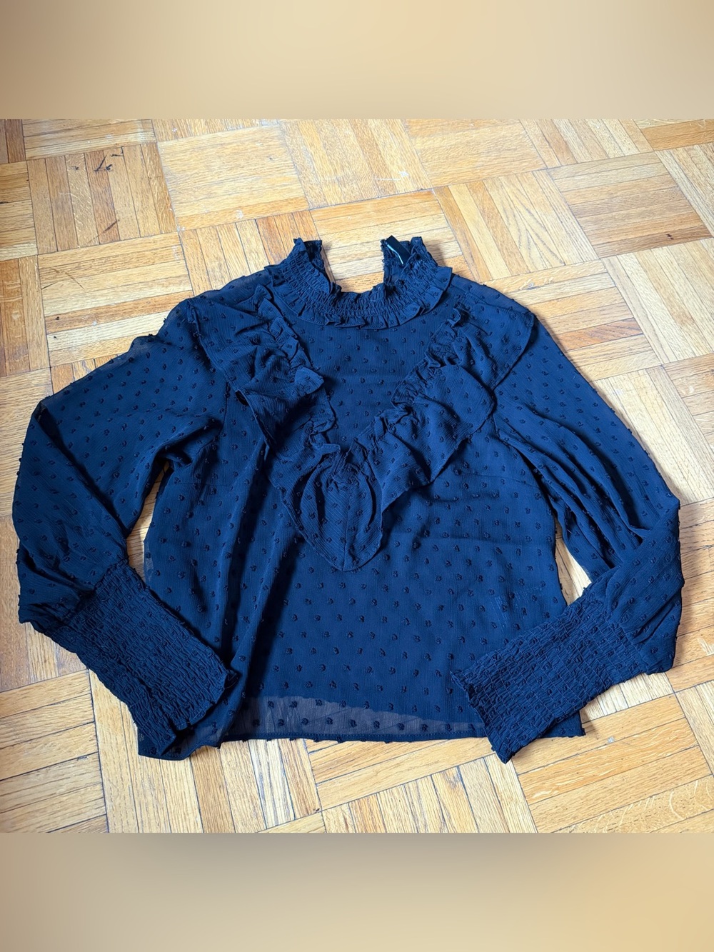Women's Black Ruffle Dot Long-Sleeve Top